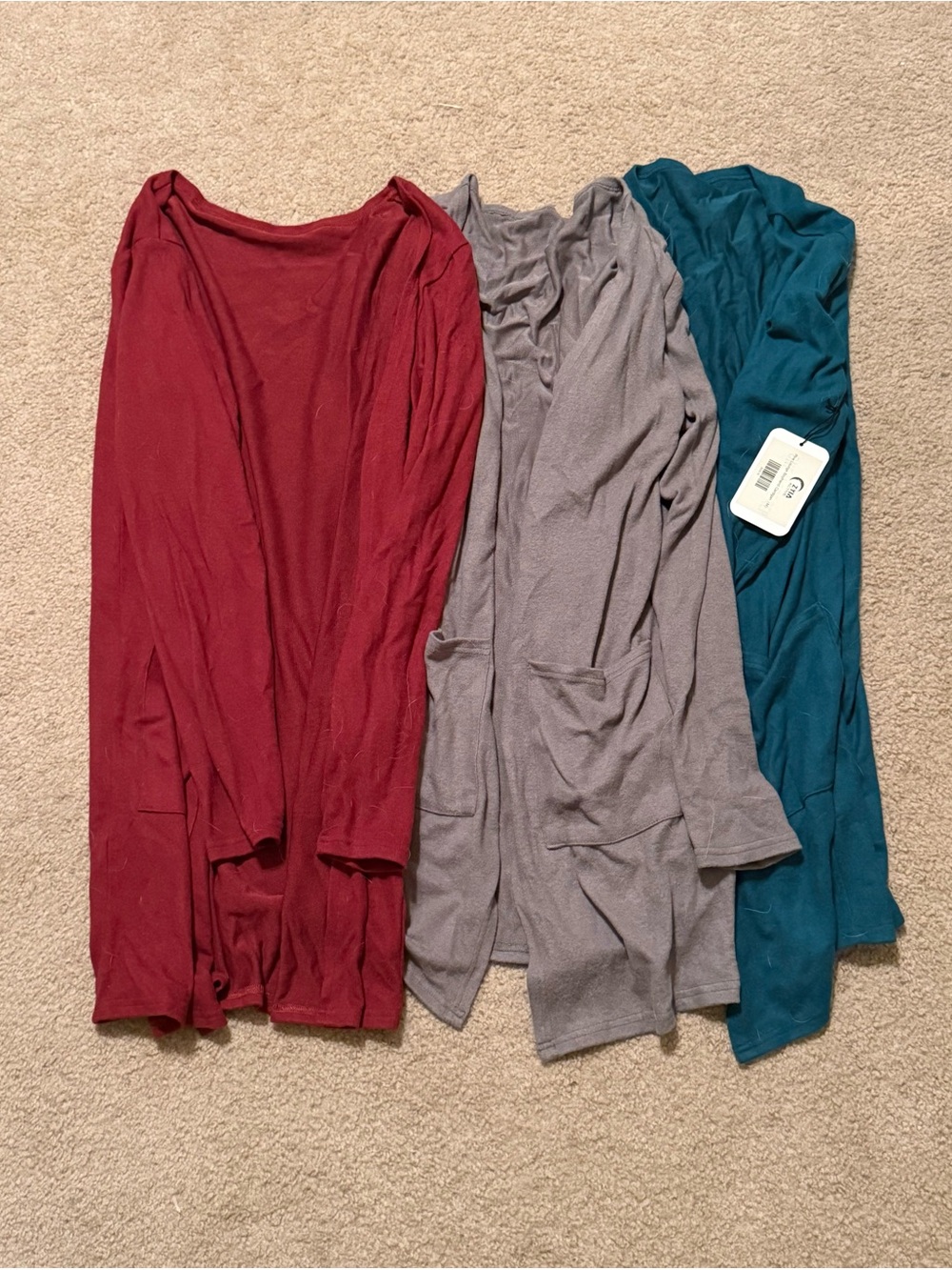 ZYIA Lounge Boyfriend Cardigan Trio — Burgundy, Gray, Teal